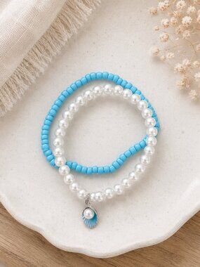 Pearl Beaded Bracelet Set with Shell Charm | Ocean Air | Freedom & Breath Gift